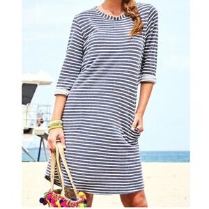 Fresh Produce Navy White Striped Dress Sz M Long Sleeve Coastal Nautical Casual